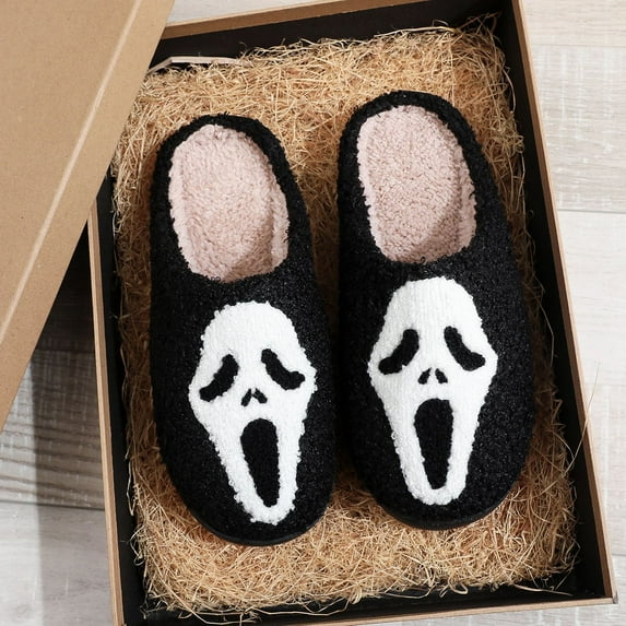 ZELAND Halloween Skeleton Scream Cotton Slippers for Men & Women - Cozy Winter Indoor House Shoes with Smiley Face, Large Sizes Available