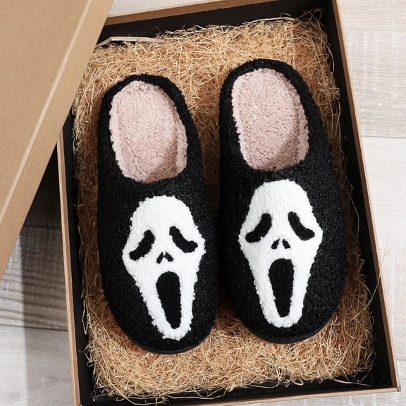 ZELAND Halloween Skeleton Scream Cotton Slippers for Men & Women - Cozy Winter Indoor House Shoes with Smiley Face, Large Sizes Available