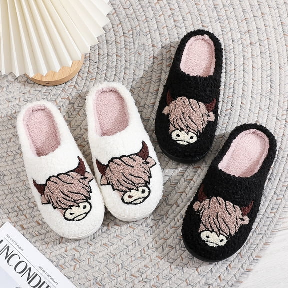 ZELAND Highland Cow Print Fuzzy Winter House Slippers for Men & Women - Warm, Non-Slip, Holiday Gift Indoor Shoes