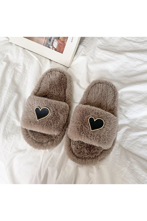 Kids' Preppy Heart Plush Slippers - Designer-Inspired Tweed Faux Fur House Shoes, Luxury Aesthetic Indoor Floor Slides, Toddler & Little Girl Chic Winter Warm Bedroom Mules, Non-Slip