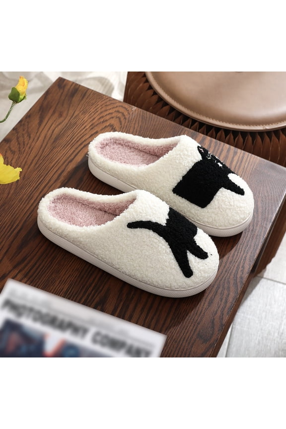 Unisex Cat Embroidery Winter House Slippers - Cozy, Warm Indoor Plush Mules for Men & Women