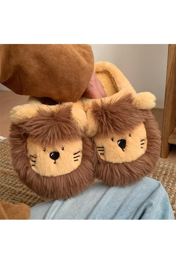 Unisex Cute Lion Plush Slippers: Women's and Men's Winter Warm House Shoes, Fuzzy Fleece-Lined Cartoon Animal Slides, Anti-Slip Cozy Bedroom Loafers, Matching Couple's Holiday Gift for Adults