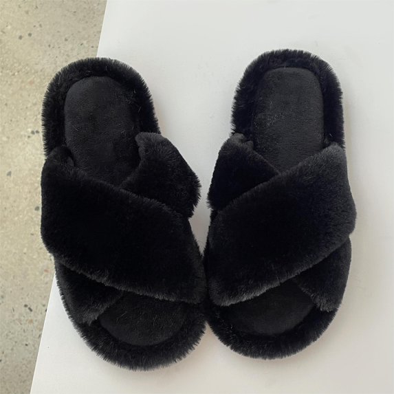 ZELAND Unisex Fluffy Criss-Cross Plush Slippers - Open-Toe Anti-Slip House Slides for Men & Women