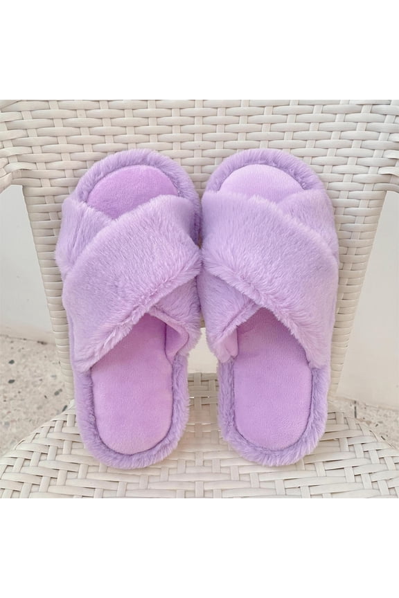 Unisex Fluffy Criss-Cross Plush Slippers - Open-Toe Anti-Slip House Slides for Men & Women
