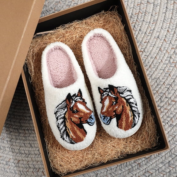 ZELAND Unisex Horse Head Embroidered Fuzzy House Slippers - Warm, Thick Sole, Anti-Slip Indoor Winter Shoes for Men & Women