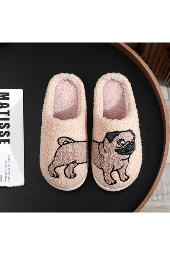 Unisex Pug Dog Cotton Slippers - Cozy, Non-Slip Indoor House Shoes for Men & Women, Winter Warmth