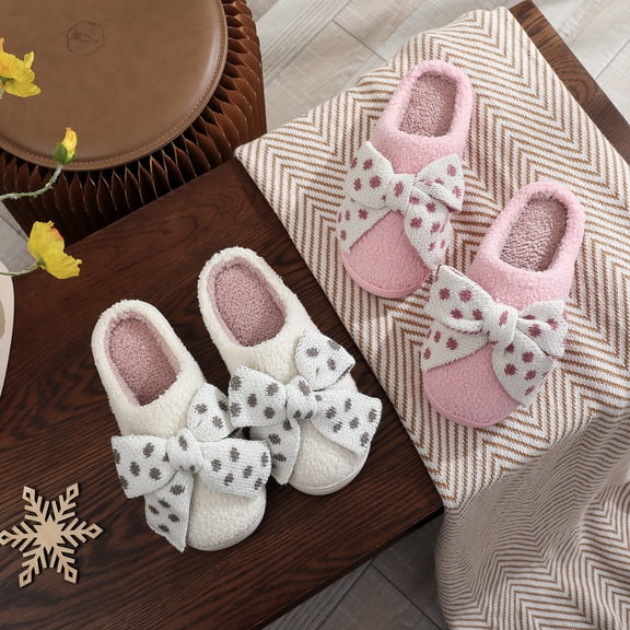 ZELAND Women's 2025 New Winter Cotton Slippers - Polka Dot Knit Bowknot Warm Indoor House Shoes - Non-Slip & Wholesale Available