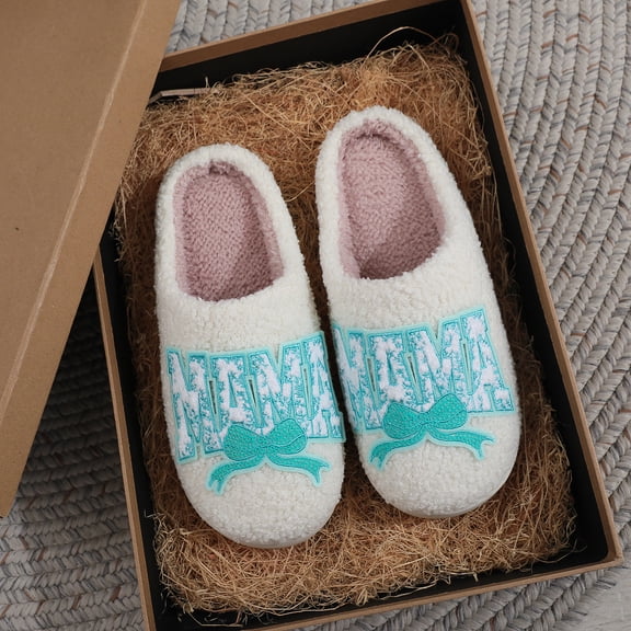 ZELAND Women's Embroidered MAMA Bow Winter Slippers - Plush, Thickened, Anti-slip Indoor House Shoes for Her, Sequin Detail Gift