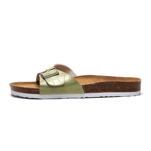 ZELAND Women's Iridescent Cork Sandals: Trendy Holographic Double Buckle Slide Sandals with Arch Support, Shiny Summer Beach Shoes for Students, Non-Slip Casual Outdoor Mules, Mermaid Silver