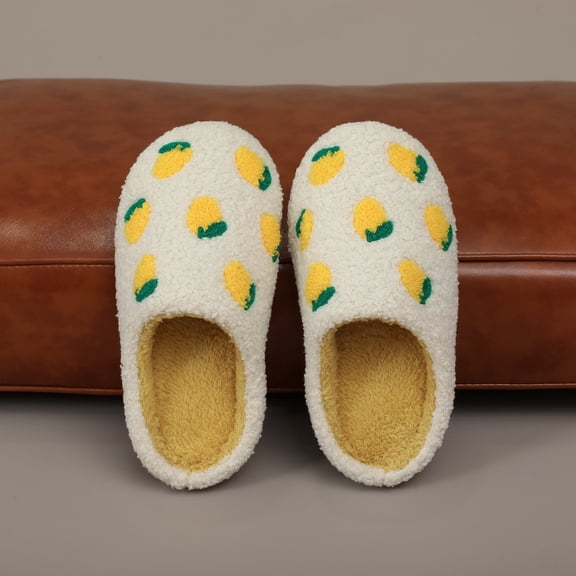 ZELAND Women's Lemon Cotton Slippers - Thick, Warm, Anti-Slip Winter Indoor House Shoes with Soft, Silent Sole