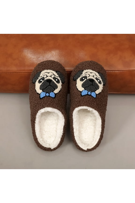 Women's & Men's Cute Pug Winter House Slippers - Soft Sole, Non-Slip, Warm Indoor Plush Shoes