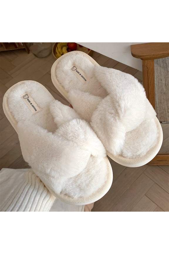 Women's Minimalist Cross-Band Plush Slippers - Fashion Solid Color Faux Fur House Shoes, Open Toe Soft Sole Indoor Mules, Warm & Breathable Maternity Shoes for Home & Bedroom