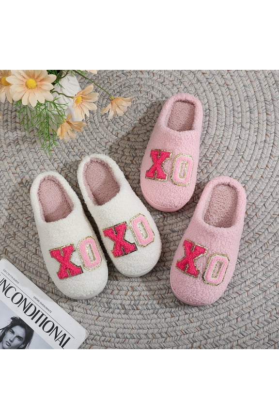 Women's Pink XOXO Glitter Letter Plush Winter House Slippers - Cozy Valentine's Day Indoor Mules