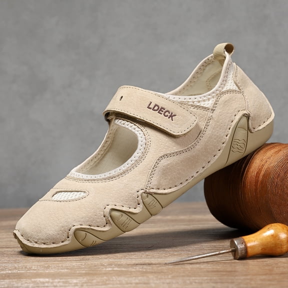 ZELAND Women's Plus Size Leather Outdoor Casual Walking Shoes, Breathable Summer Sport Flats with Magic Tape Hook-and-Loop Closure