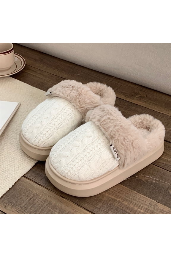 Women's Retro Cable Knit Plush Slippers: Cozy Sweater-Style Winter House Shoes, Fuzzy Fleece-Lined Warm Bedroom Booties, Anti-Slip Indoor Outdoor Cotton Loafers, Comfortable Holiday Gift