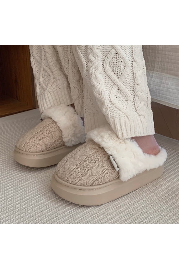 Women's Retro Cable Knit Plush Slippers: Cozy Sweater-Style Winter House Shoes, Fuzzy Fleece-Lined Warm Bedroom Booties, Anti-Slip Indoor Outdoor Cotton Loafers, Comfortable Holiday Gift