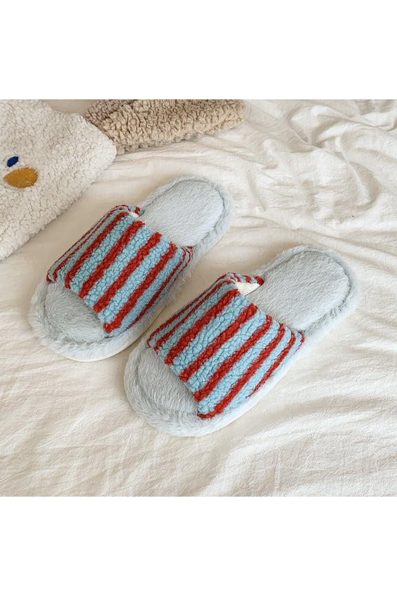 Women's Striped Color-Block Plush Slippers - Designer Open Toe Faux Fur House Shoes, Trendy Soft Fuzzy Indoor Bedroom Slides, Cozy Autumn Winter Warm Mules with Non-Slip Sole for Ladies