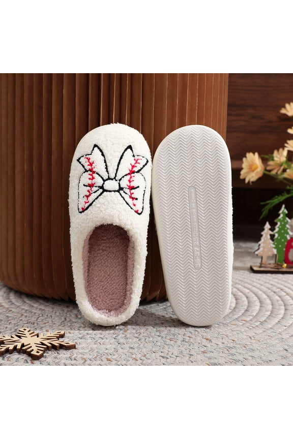 Women's Stylish Baseball & Bowknot Fuzzy Slippers - Cozy Winter Indoor House Shoes - Large Sizes Available