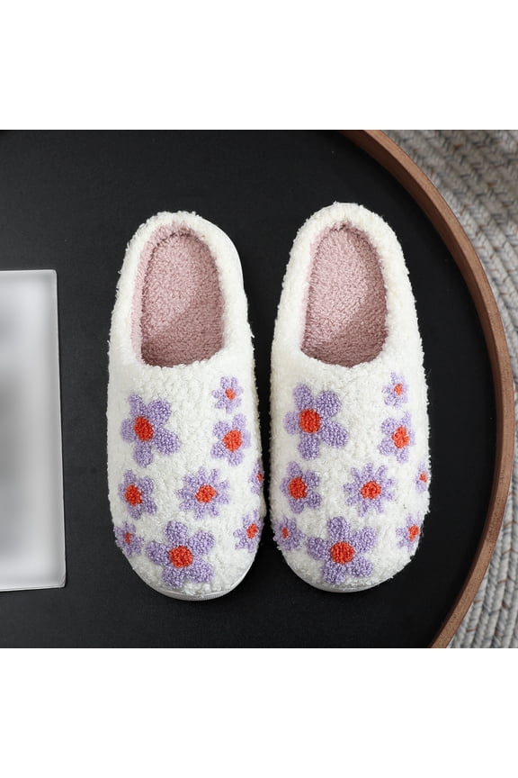 Women's Stylish Lilac Flower Embroidered House Slippers - Soft Plush, Non-Slip Indoor Winter Mules