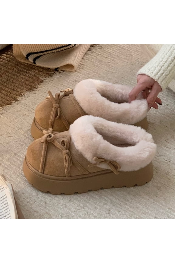 Women's Ins-Style Plush Loafer Slippers - Cute Bow-Knot Faux Fur Mules, Winter Warm Fleece-Lined Slip-on Cotton Shoes with Platform Sole for Indoor & Outdoor Comfort