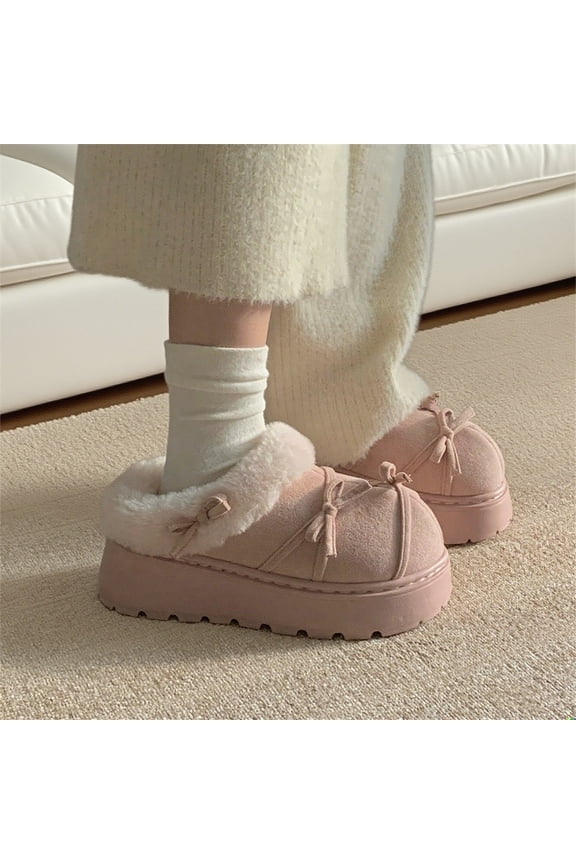 Women's Ins-Style Plush Loafer Slippers - Cute Bow-Knot Faux Fur Mules, Winter Warm Fleece-Lined Slip-on Cotton Shoes with Platform Sole for Indoor & Outdoor Comfort