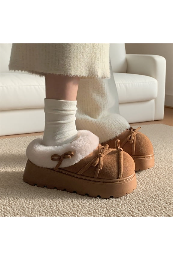 Women's Ins-Style Plush Loafer Slippers - Cute Bow-Knot Faux Fur Mules, Winter Warm Fleece-Lined Slip-on Cotton Shoes with Platform Sole for Indoor & Outdoor Comfort