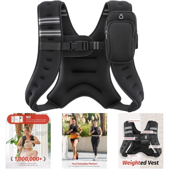 ZELUS FWV00BK Weighted Vest 8lb Black for Strength Training, Running, and Fitness with Reflective Stripes