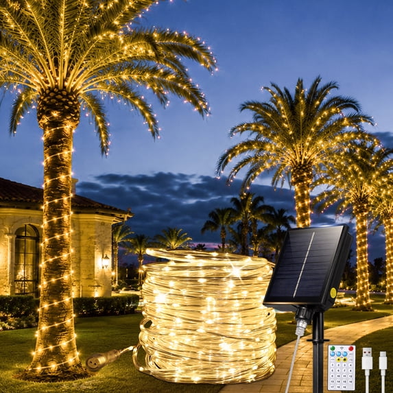 ZELUXDOT Solar Rope Lights, 66Ft 200 LED Warm White Connectable Lights with Remote, 19 Modes IP65 Waterproof for Outdoor Patio Garden Porch Decor