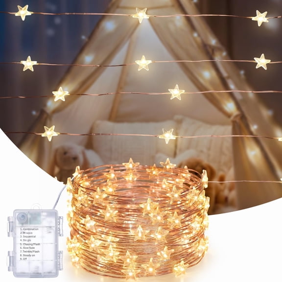 ZELUXDOT Star String Lights, 20Ft 60 LED Battery Operated Fairy Lights, Warm White Copper Wire, 8 Modes Waterproof for Garden Wedding Party Decor