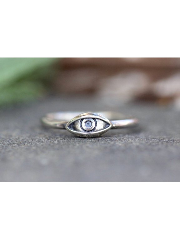 Evil Eye Ring Sterling Silver 14 Gauge Wire Boho Stacking Ring Handmade Witchy Gift for Her Gothic Silver Jewelry Statement Eye Band Ring Size - 6