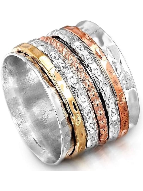 Spinner Ring Silver 925 Sterling Silver Wide Band Ring with Copper Brass Fidget Bands Women's Size 10 Unique Spinner Design Ring Size - 7