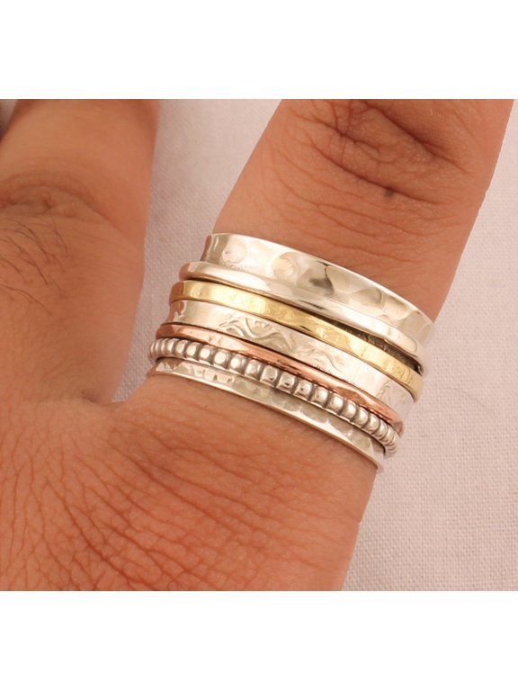 Sterling Silver Spinner Ring - Handmade 925 Silver Band Hammered Three-Tone Artisan Fashion Jewelry Gift for Her Size 9 Ring Size - 11.5