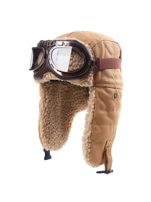 Hats with Goggles Vintage Pilot Hat Winter Bomber Ear Flaps Trapper for Men Women