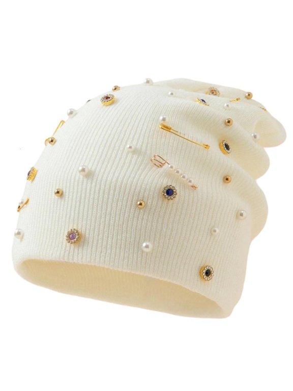 Oversized Unisex Knit Cap with Chain Strap Crystal Weaving Hat for Outdoor Activity Street Fashion