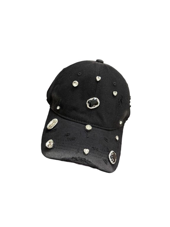Rhinestone Distressed Baseball Cap for Women Denim Adjustable Bling Hat for Daily