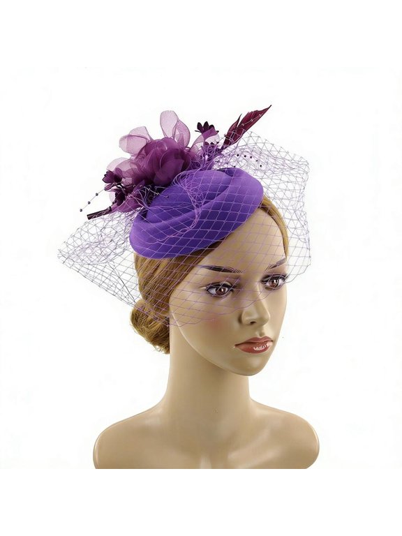 Stylish Woolen Derby Hat for Lady Cosplay Event Feathered Fascinator Cap for Cocktail Party Wedding Photography Headwear