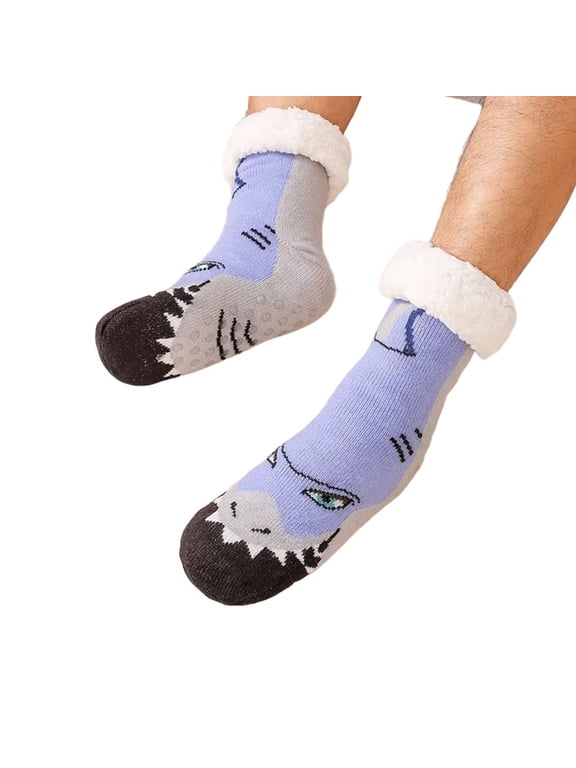 Thick Fleece Lined Slipper Socks with Funny Pattern for Women Men Nonslip Grippers Warm Winter Floor Socks for Co