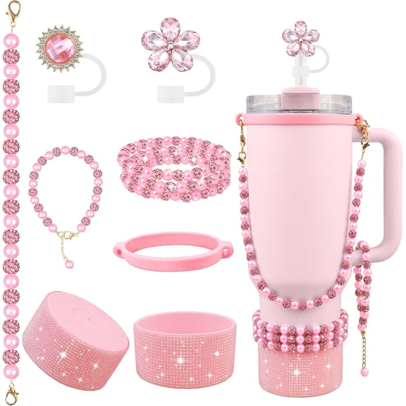 ZEM 9PCS Pink of Stanley Cup Accessories Set 30/40 OZ Bling Pearls Rhinestones Charms for Stanley Decorations Tumbler Accessories Including Flower Straw Topper, Rhinestones Boot 30/40 OZ