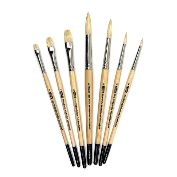ZEM Brush Interlocked White Hog Bristle Artist Brush Set Rounds 2,4,6,8 and Flats 2,4,6