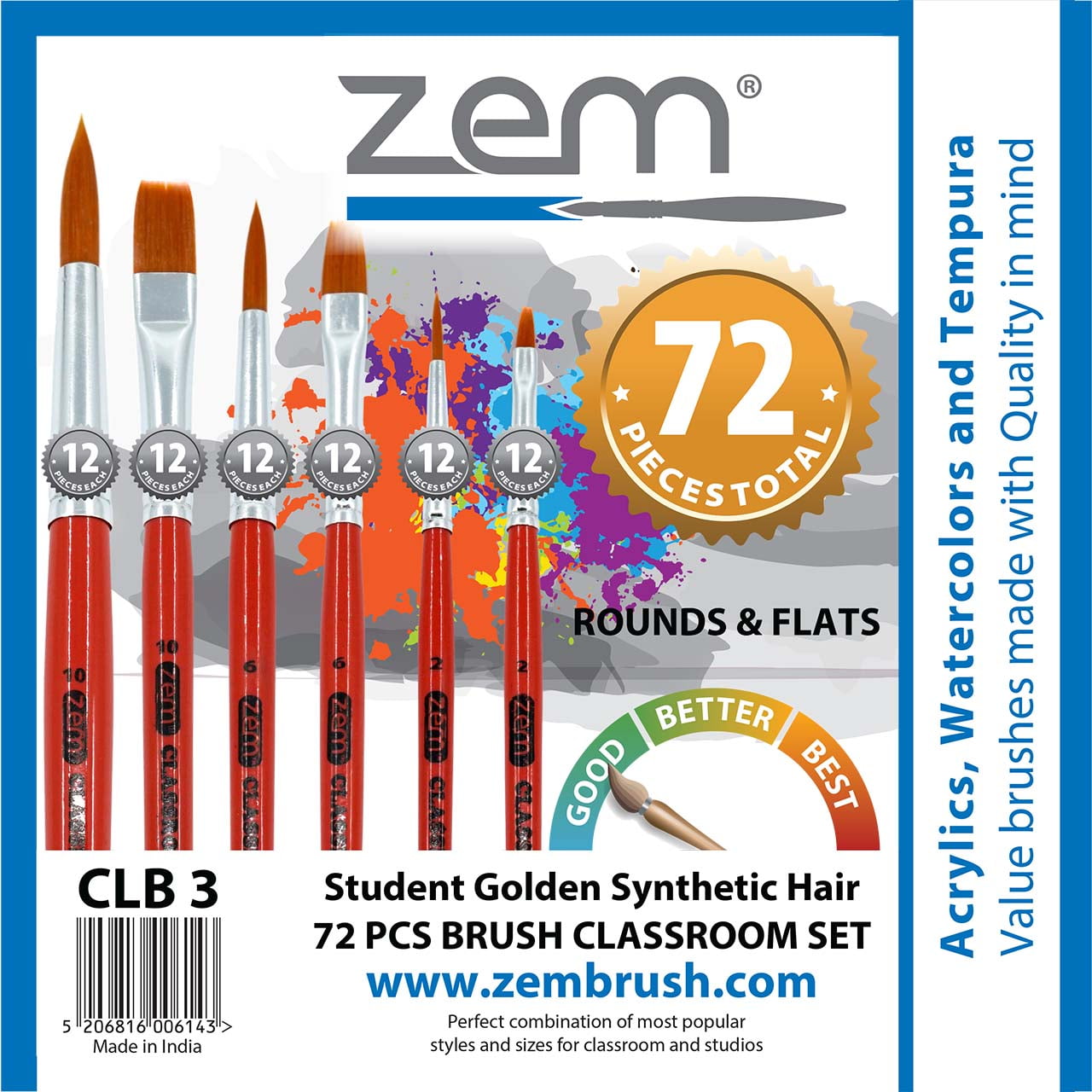 ZEM Brush Mfg CLB-3 Classroom Artist Paint Brush Box Set Rounds & Flats Combo - 72 pcs Total