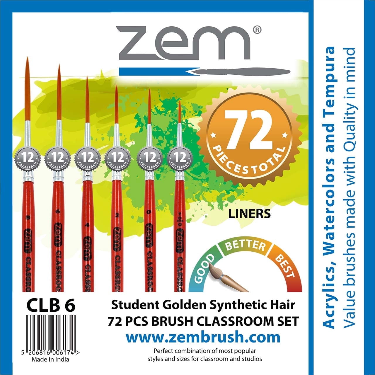 ZEM Brush Mfg CLB-6 Classroom Artist Paint Brush Box Set Long Liners - 72 pcs