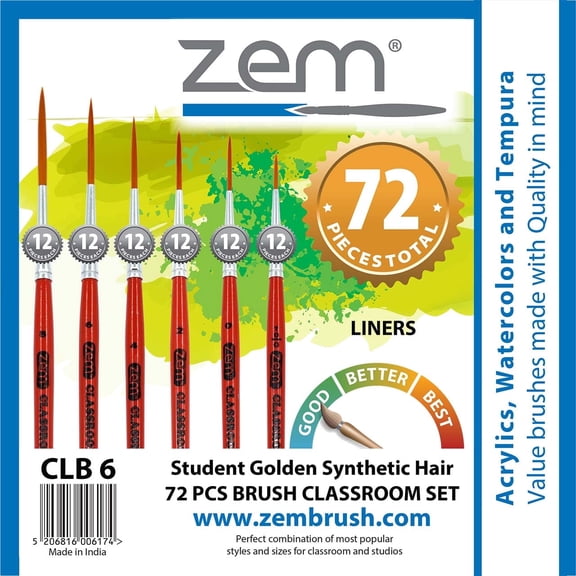 ZEM Brush Mfg CLB-6 Classroom Artist Paint Brush Box Set Long Liners - 72 pcs