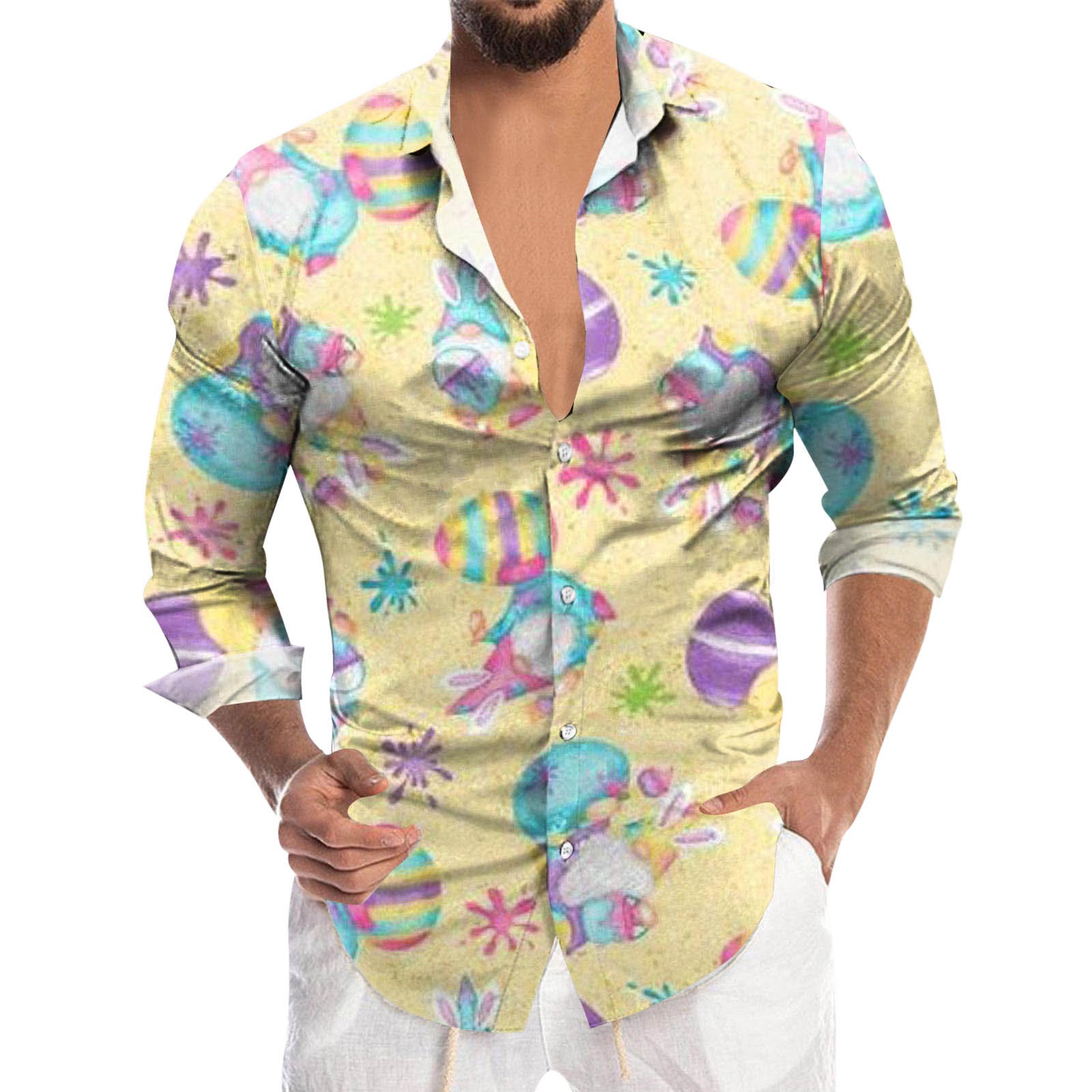 ZEMIKANIOR Mens Shirts Men's Easter Fashion Digital 3D Printed Long