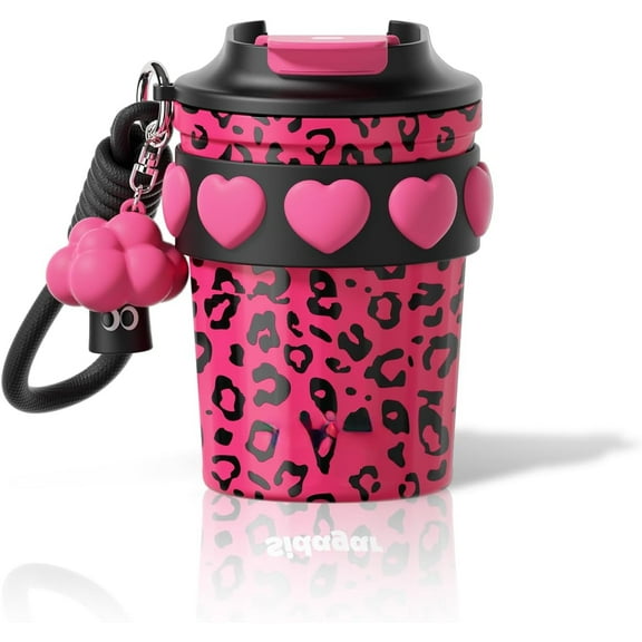 ZEN 12 oz Travel Coffee Mug Spill Proof Leak Proof, Stainless Steel Thermal Coffee Cup with Lid, Resuable Cup for Hot and Cold, Portable Tumbler for Women, Pink Leopard