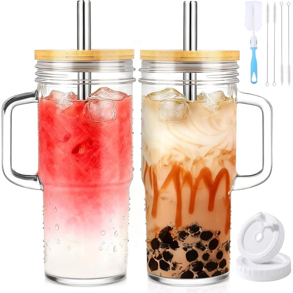 24oz Glass Cups with  and Straws,Glass Tumbler with Handle,2 set- Glass Ice Coffee Cups with Lid and Straw for Smoothies,,Juice,Boba Cup for Cold & Hot Drinks,Travel Cup
