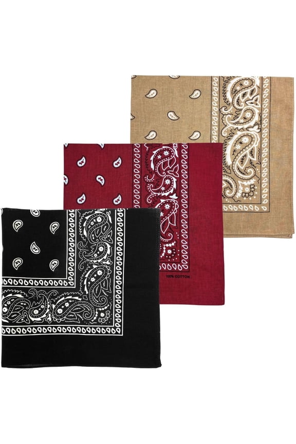 ZEN 3 PCS 100% Cotton Bandana for Men & Women 22" x 22" Paisely Pattern Handkerchief Headband Scarf