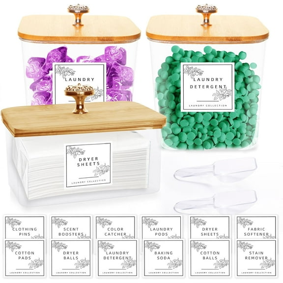 ZEN 3 Pack Laundry Room Organization Storage Containers Acrylic Jars and Dryer Sheet Container with Lids and Labels for Laundry Detergent Laundry Pods Containers Dry Sheet Organizing