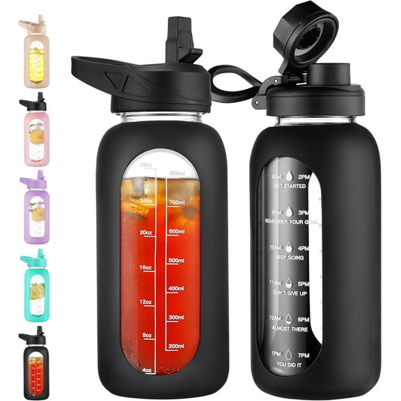 ZEN 32 oz Glass Water Bottle with Straw and Handle, Large Sports Motivational Water Bottle Flask with Time Marker and 2 Lids, Leakproof Water Jug Canteen with Silicone Sleeve for Gym,Black