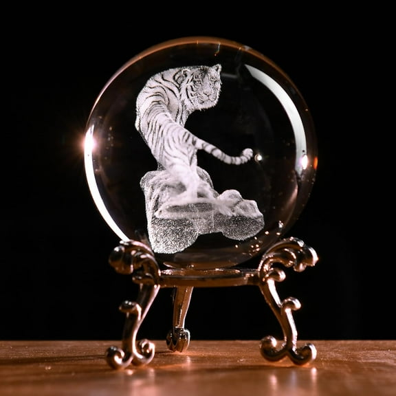 ZEN 3D Tiger Crystal Ball Tiger Figurines in Crystal Ball 60mm Decor White Tiger Collectibles Decorative Globes Gift Glass Sphere Home Decor with Stand, Clear