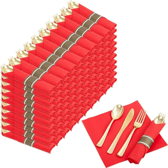 ZEN 400PCS Pre Rolled Gold Plastic Silverware Sets - Heavy Duty Gold Cutlery - Include 100 Pack Wrapped Disposable Utensils with Red Napkins for Christmas & Party & Wedding